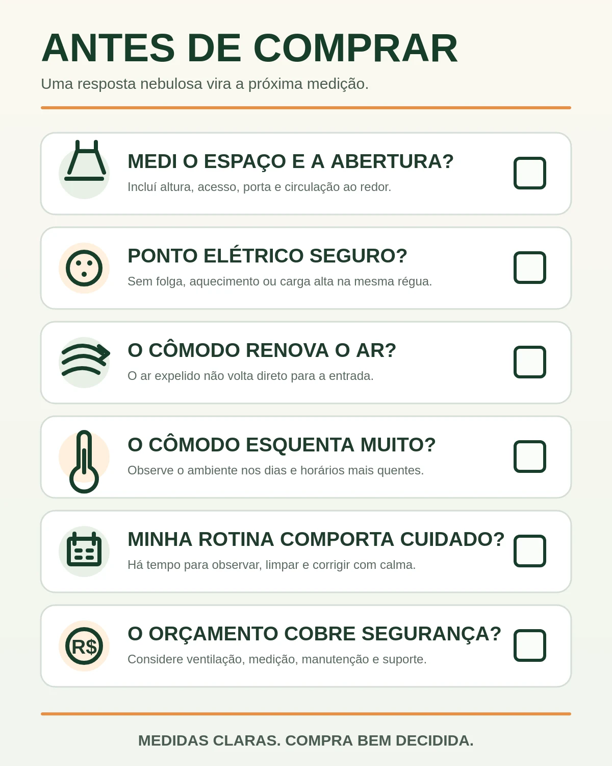 Checklist visual para medir espaço, conferir cargas elétricas, renovação do cômodo, calor, rotina e orçamento antes da compra.