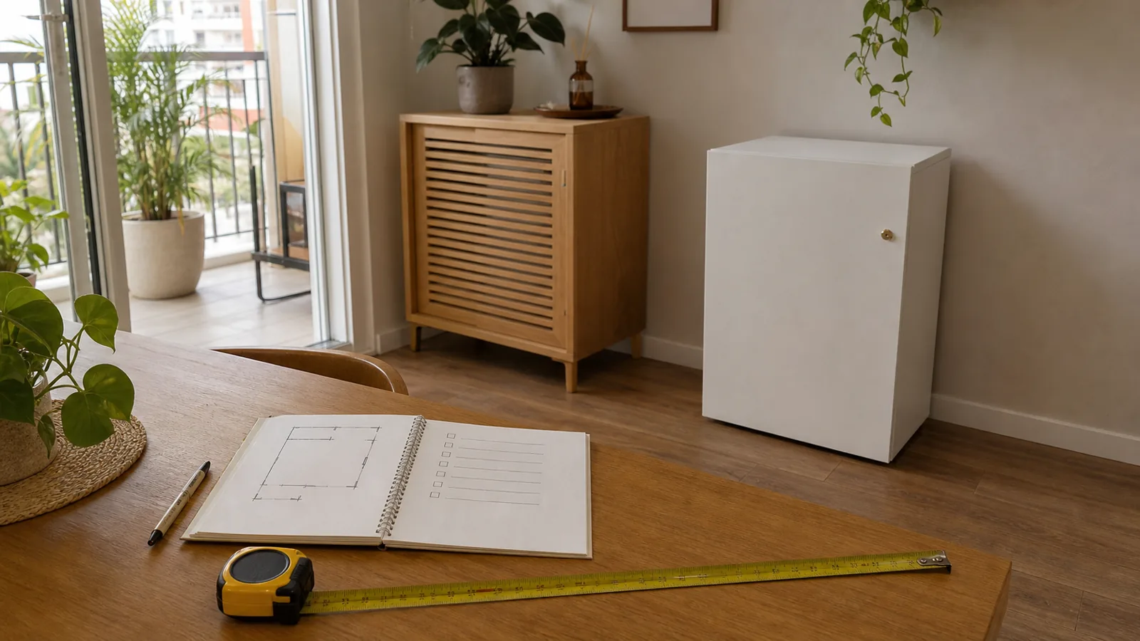Planejamento de primeiro cultivo indoor com trena, caderno e Growbox de MDF em ambiente doméstico.